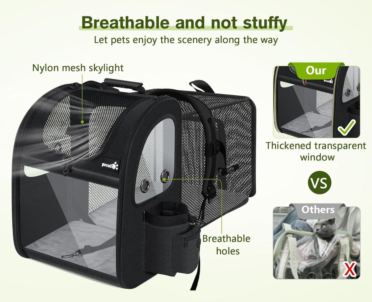 Pecute Pet Carrier Backpack, Large Cat Carrier Backpack, Expandable cat Backpack with Breathable Mesh for Medium Dogs Cats, or 2 Small Pets, Dog Backpack Carrier for Travel Hiking, Black - Pawvie
