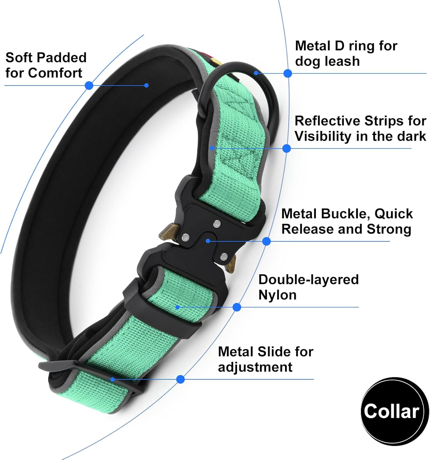 Plutus Pet Tactical Dog Collar, Reflective, Adjustable Heavy Duty Dog Collar, Soft Padded and Comfortable, for Small Medium and Large Dogs (Teal, S)