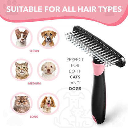 Dog rake deshedding dematting Brush Comb - Undercoat rake for Dogs, Cats, matted, Short,Long Hair Coats - Brush for Shedding, Double Row Stainless Steel pins - Reduce Shedding by 90% (Pink)