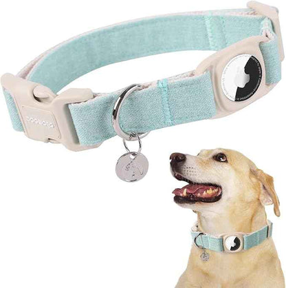 DOGWONG Airtag Cotton Hemp Dog Collar, Heavy-Duty Dog Collar with Airtag Holder Green Dog Collars for Small Medium Large Dogs
