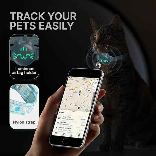 Waterproof Airtag Cat Collar, Breakaway Cat Airtag Collar with Luminous & Reflective Fish Pattern, Lightweight Kitten Collars for Apple Air tag, Hidden GPS Tracker Holder for Cats, Kittens(9-13")