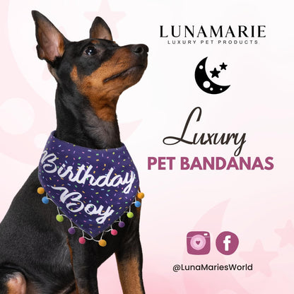LunaMarie - Luxury Pet Birthday Bandanas -Premium & Silky Poly Fabric | 100% Handmade | Custom Shape Dual Layered (Birthday Boy, X-Small)