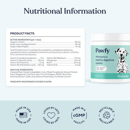 Pawfy Probiotics for Dogs | Supports Digestive Health, Diarrhea for Small, Large Dogs | Improves Gut Health | Anti Yeast Supplements | Skin Health Seasonal Allergies Support - 30 Chews (Chicken)