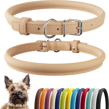 CollarDirect Rolled Leather Dog Collar, Soft Padded Round Puppy Collar, Handmade Genuine Leather Collar Dog Small Large Cat Collars 13 Colors (8-11 Inch, Beige Smooth)