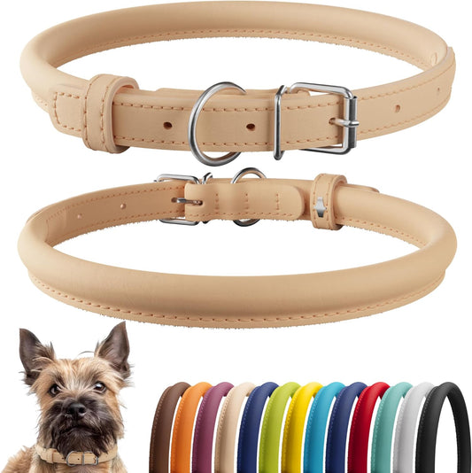 CollarDirect Rolled Leather Dog Collar, Soft Padded Round Puppy Collar, Handmade Genuine Leather Collar Dog Small Large Cat Collars 13 Colors (8-11 Inch, Beige Smooth)