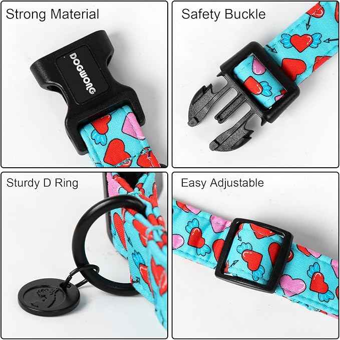 DOGWONG Blue Heart Dog Collar Adjustable Soft Natural Fabric Girl Pet Dog Collar Cute Heart Valentine Puppy Necklace for Small Medium Large Dog