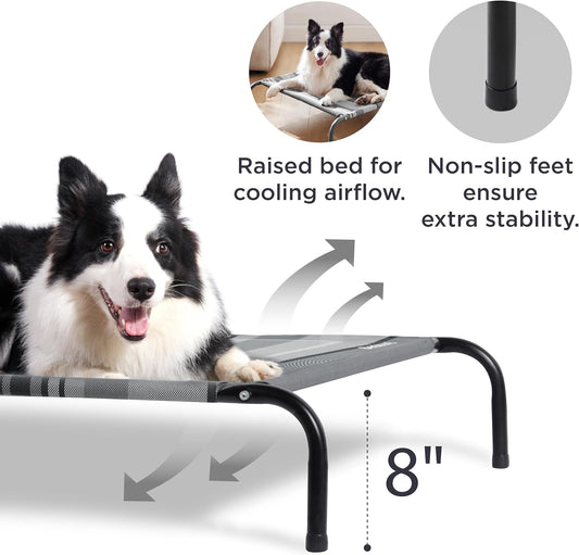 Bedsure Outdoor Elevated Dog Bed Large Sized Dog, Portable Indoor & Outdoor Cooling Raised Cot Pet Hammock Bed with Skid-Resistant Feet, Frame with Breathable Mesh, Striped Grey, 49 inches