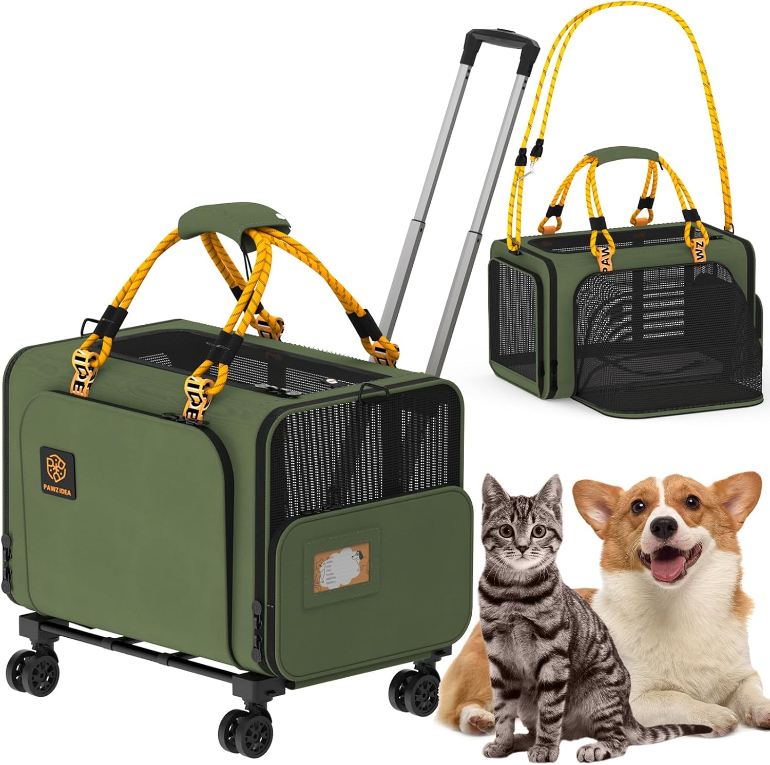 PAWZIDEA Expandable Pet Carrier with Wheels, 24x16x16in Large Cat Carrier for 2 Cats, Soft-Sided Dog Carriers for Small Medium Dog, Collapsible Rolling Travel Bag w/Telescopic Handle, XL Stroage Bag - Pawvie