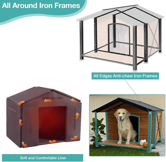 Outdoor Dog House with Insulated Liner,Weatherproof Wooden Dog Shelter for Medium and Large Sized Dogs,Iron Frame Indoor Outdoor Kennel,Pets Warm House in Winter with Large Porch