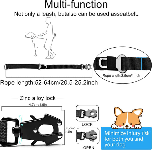 20” Strong Short Leash for Dog, Heavy Duty Bungee Dogs Leash with Padded Handle Car Seatbelt, Small Dog Training Leashs for Large or Medium Dogs - Can be Used with Other leashes (Black)
