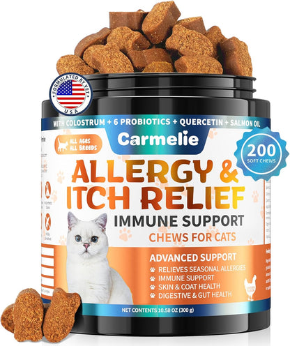 Cat Allergy Relief Chews 200 pcs - Cat Itchy Skin & Paw Licking Relief - Omega 3 & Probiotic for Cats - Anti-Itch Relief for Skin & Coat Health, Immune Support, Seasonal Allergies - Chicken Flavor