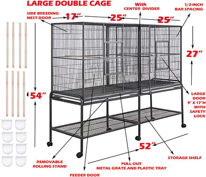 54" Large Double Breeding Flight Bird Wrought Iron Double Parrot Bird Cage Slide Out Center Divider Side Nesting Doors Cockatiel Conure Removalbe Rolling Stand