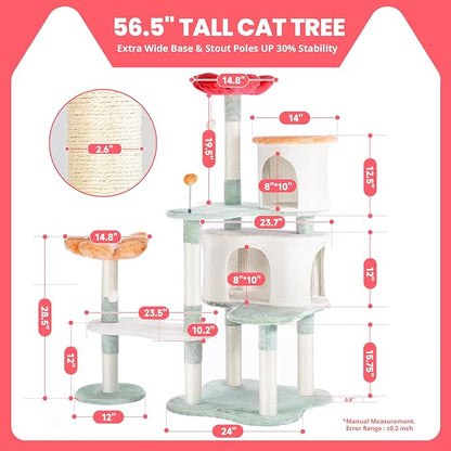 HYABi 56.3in Flower Design Cat Tree, Foldable Multi-Level Tower for Large Cats, Space-Saving Cat Furniture with Scratching Posts, Plush Condo for Indoor Cats