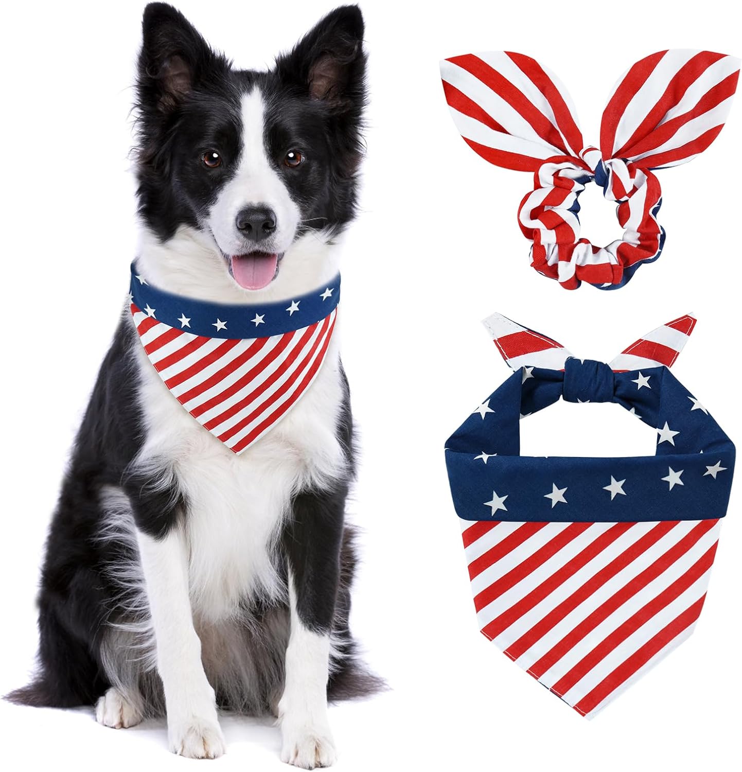 E-Clover 4th of July Dog Bandanas & Matching Scrunchie Set American Flag Dog Scarf Washable Patriotic Pet Bandana Triangle Kerchief Bibs for Medium Large Dogs Owner Gifts