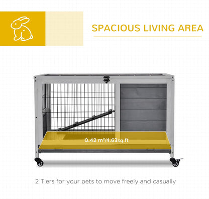 PawHut Wooden Rabbit Hutch Indoor Outdoor, Elevated Bunny Cage with No Leak Tray Enclosed Run with Wheels, Ideal for Guinea Pigs and Small Animals, Gray