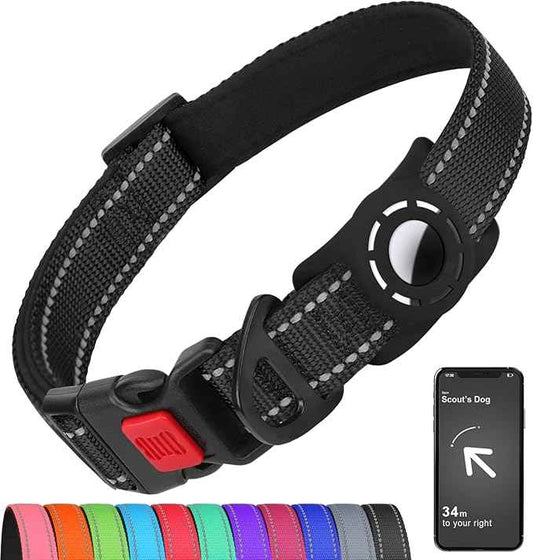 AirTag Dog Collar with AirTag Holder Compatible for Air Tag, Reflective Soft Padded, Safety Locking Buckle, Adjustable Nylon for Small Medium Large Dogs (Black,XL)