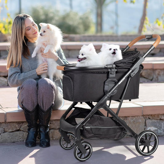 T6 Luxury Pet Stroller for Medium Dogs Up to 66lbs or 2 Small Pets â 3-in-1 Dog & Cat Stroller with Removable Carrier, Foldable & Lightweight (Black)