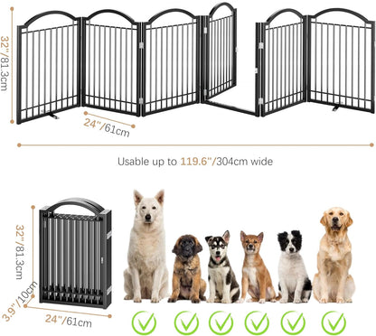 BHG Metal No-Assembly Freestanding Dog Gate with Door Walk Through, Extra Wide 144", Extra Tall 32" Pet Gate, Accordion Puppy Folding Playpen Dog Fence, with 2PCS Support (Black, 6 panesl)