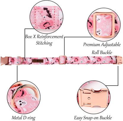 Lionet Paws Halloween Dog Collar, Cute Fall Pink Dog Collar for Large Dogs, Adjustable Cotton Pumpkin Ghost Pet Collars for Large Dogs