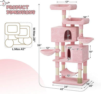 MoNiBloom 58 Inch Cat Tree Tower for Indoor Cats Large Adults, Pink Cat Tower with Scratching Post & Hammock, Pet Play House with Cat Condo, Soft Pink