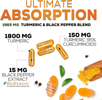 Turmeric Curcumin Supplement 1950mg - 95% Curcuminoids with Organic Turmeric & BioPerine Black Pepper Extract for Best Absorption, Nature's Vegan Joint Support, Non-GMO, Bottled in USA - 240 Capsules