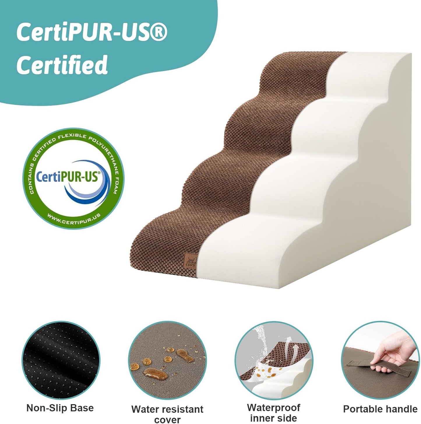 Dog Stairs for Small Dogs 19.7" H, Curved Dog Step for Puppy, Older or Cat, Medium Pet Ramp for Sofa, Couch or Bed, Ladder with High Density Foam, 15.7x28.3x19.7 inch, 4 Step, Brown - Pawvie