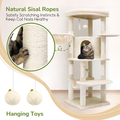 Globlazer Corner Cat Tree, 51in Curved Series Modern Cat Tower for Indoor Cats with Hammock, 7 Sisal Scratching Posts, Large Fan-Shaped Platform for Large Cats, Cat Condo & Hanging Basket, C51, Beige