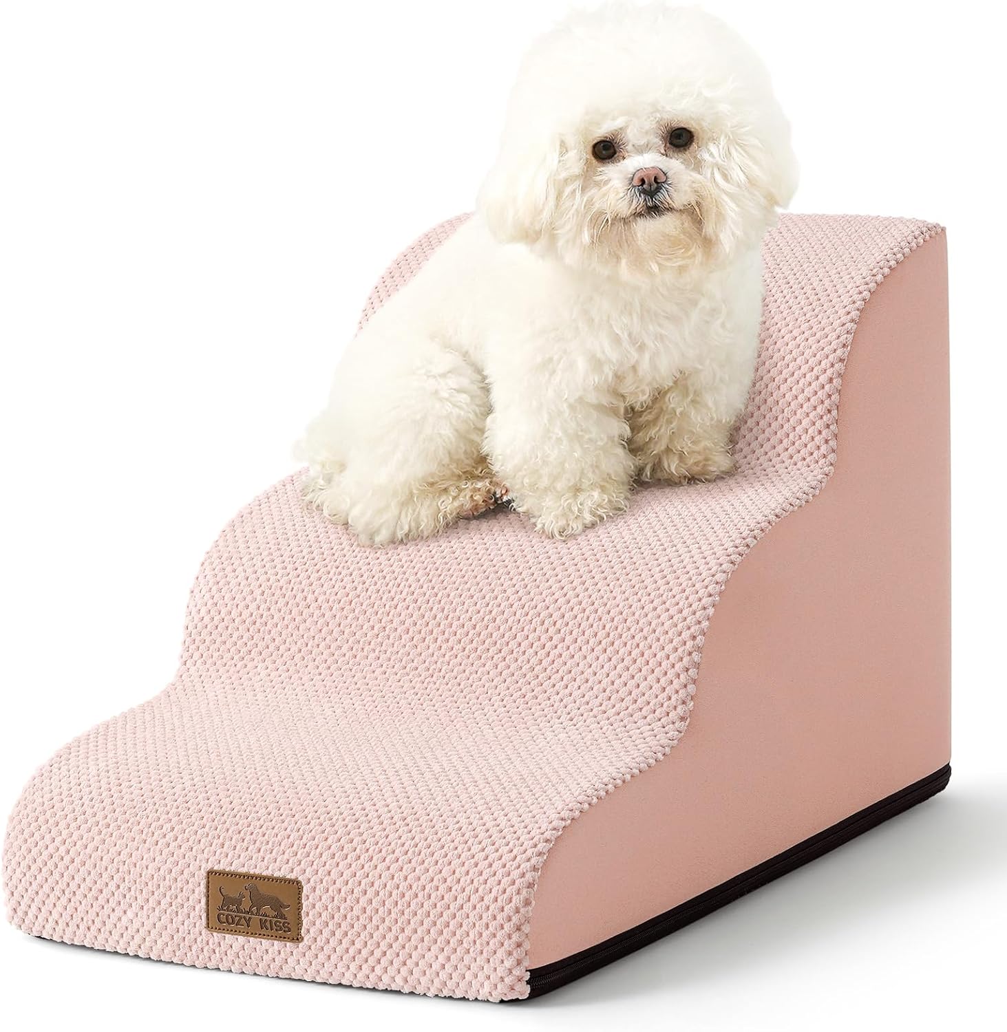 Dog Stairs for Small Dogs 15.7" H, Curved Dog Step for Puppy, Older Cat, Medium Pet Ramp for Sofa, Couch or Bed, Ladder with High Density Foam, 15.7x22.4x15.7 inch, 3 Step, Pink - Pawvie