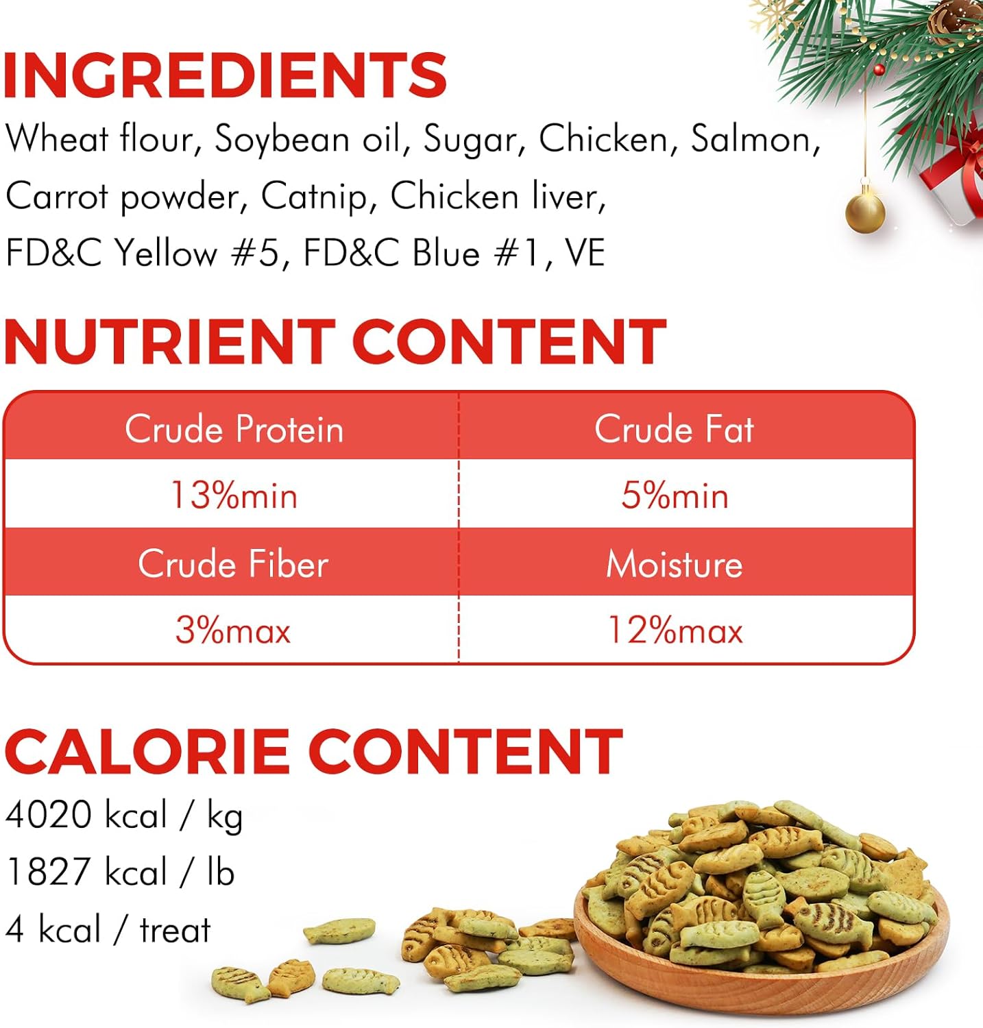 Christmas Catnip Cat Treats, Chicken and Salmon Flavor, Cat Gifts for Christmas, Crunchy Fish Shape Adult Biscuits, 16 oz