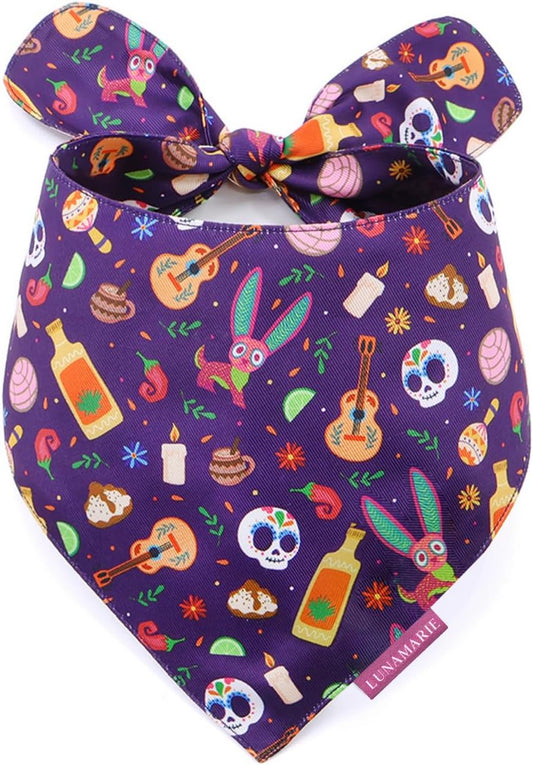 LunaMarie - Luxury Dog Bandanas - Dia De Los Muertos Design | Premium & Silky Poly Fabric | 100% Handmade | Custom Shape Dual Layered Small, Medium, Large Cat Scarf (Day of The Dead, Medium)