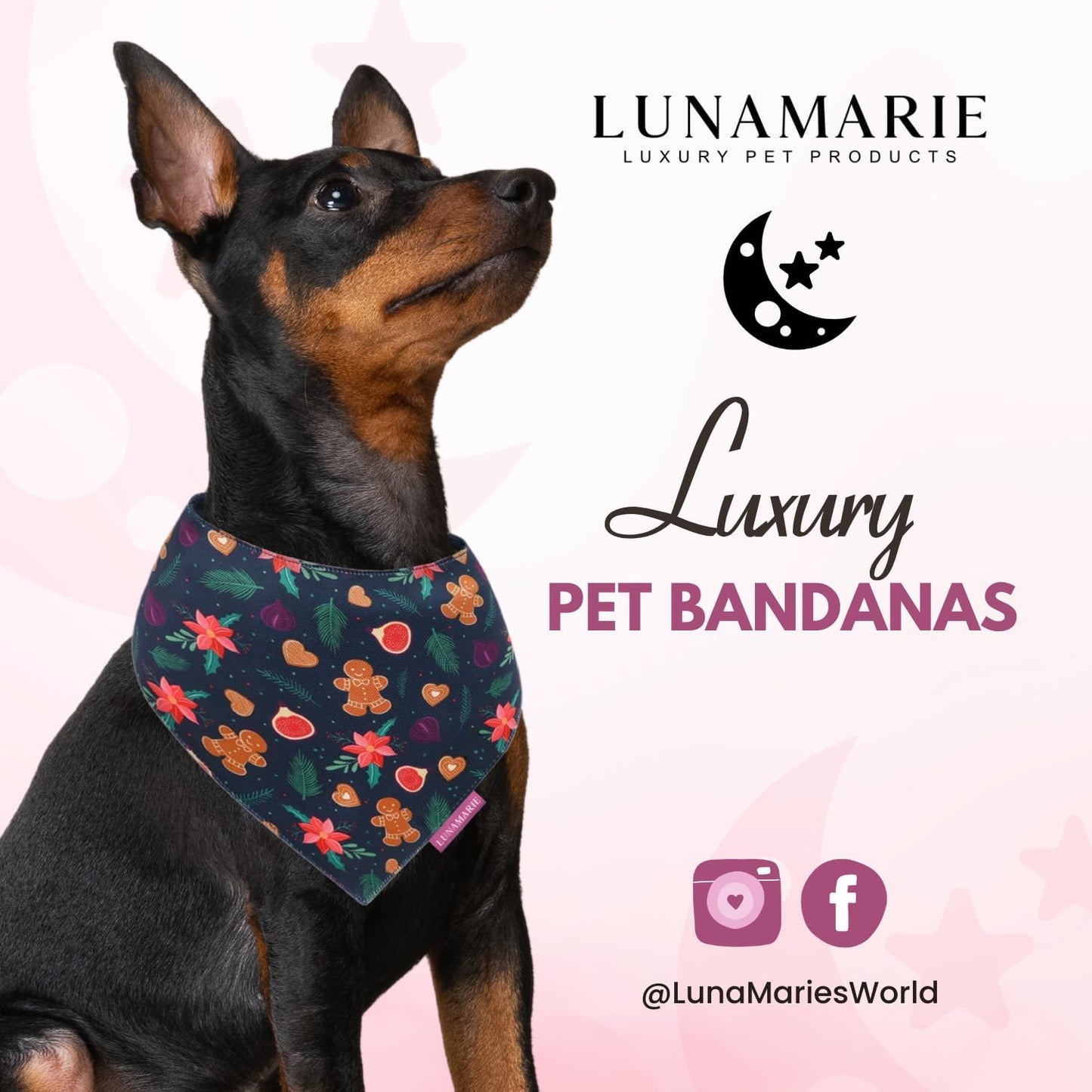 LunaMarie - Luxury Pet Birthday Bandanas -Premium & Silky Poly Fabric | 100% Handmade | Custom Shape Dual Layered (Gingerbread & Figs, Large)