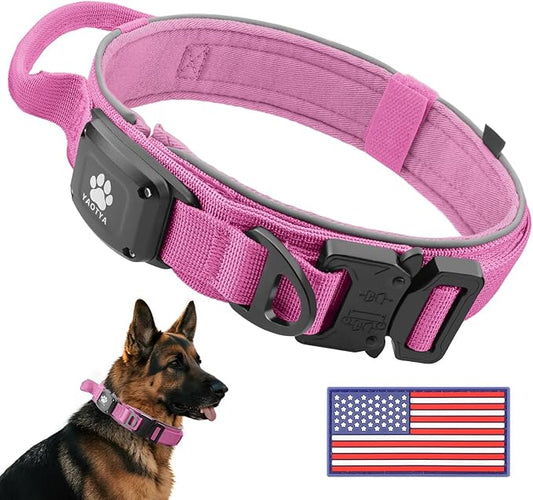 2026 Upgrade Dog Collar with IPX8 Waterproof AirTag Holder,Military Tactical Comfortable Control Handle and Ultra-Durable Metal Buckle/Night Reflective,GPS Collar for Medium to Large Dogs（Pink/M）