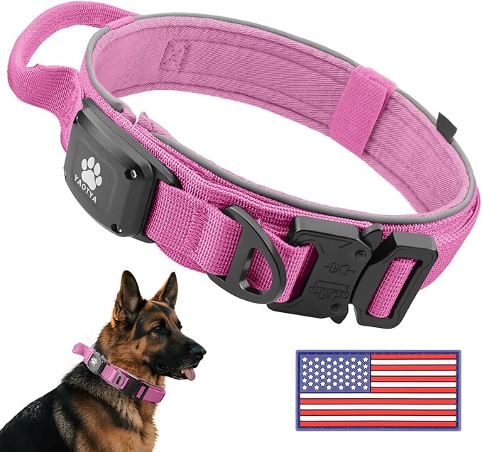 2026 Upgrade Dog Collar with IPX8 Waterproof AirTag Holder,Military Tactical Comfortable Control Handle and Ultra-Durable Metal Buckle/Night Reflective,GPS Collar for Medium to Large Dogs（Pink/L）