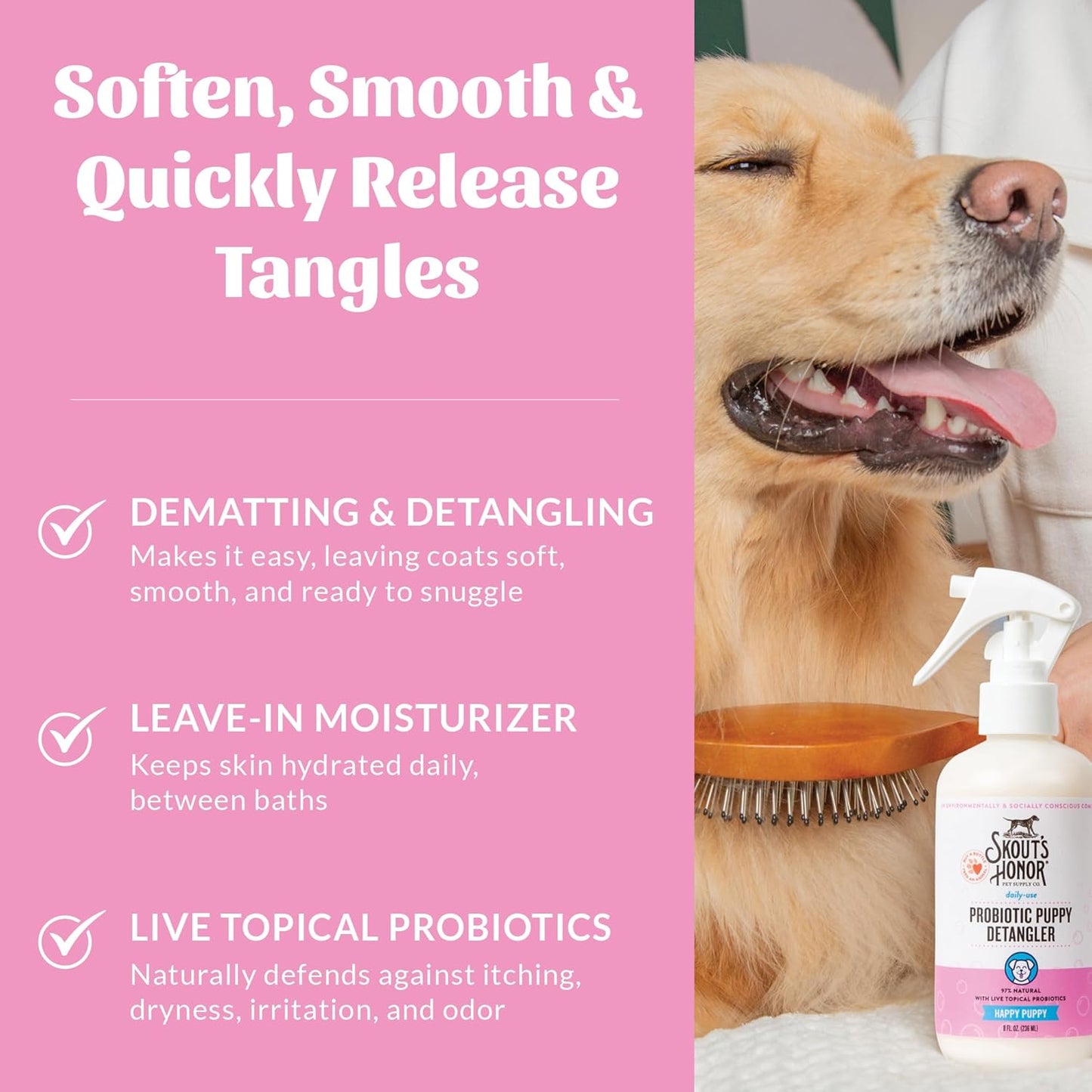 Skout's Honor Probiotic Pet Detangler Spray- Hydrating & Conditioning w/Avocado Oil, 97% Natural, Paraben & Sulfate-Free, softens for a More brushable Coat, Daily Use, 8oz, Happy Puppy, 2-Pack