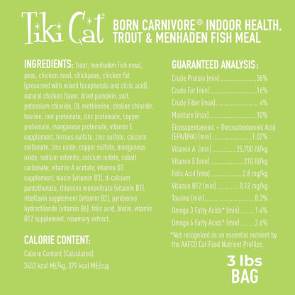 Tiki Cat Born Carnivore Indoor Health Dry Cat Food, Trout & Menhaden Fish Meal, 3 lbs. Bag
