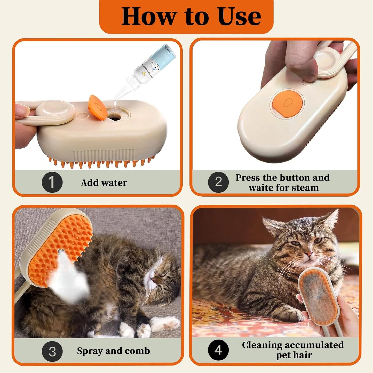 4-in1 Cat Steam Brush for Shedding & Grooming, Spray Hair Removal Comb with 1 Waterless Shampoo, Cat Brush for Massage, Pet Grooming Comb Hair Removal Tool for Cats and Dogs