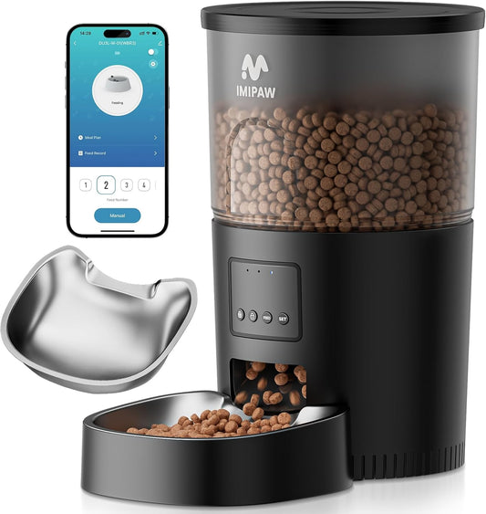 Automatic Cat Feeder, 5G WiFi Cat Food Dispenser with APP Remote Control, Pet Dry Food Smart Feeder, Programmable Timed Feeding, Dual Power Supply, 1-10 Meals Per Day, Stainless Steel Bowl