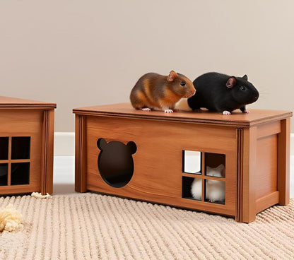 Hamster Multi Chamber Maze Hideout: Wooden Maze Tunnel House Exploring Toys for Hamster Gerbils Mice Guinea Pig Chinchillas, Small Animals Hideout and House - Brown