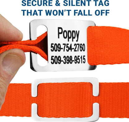 GoTags Personalized Dog Collar with Nameplate, Adjustable Dog Collar with Custom Engraved Slide On Pet ID Tag in Stainless Steel, Silent, No Noise Dog Tag for Large Medium and Small (Orange, Medium)
