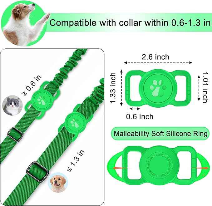 SANKALA Airtag Dog Collar Holder, [1 Pack] Waterproof Dog Airtag Holder, Silicone Full Body Covered Anti-Lost Protective Apple Air Tag Holder for Pet Collar - Fits All Width Collars, Green