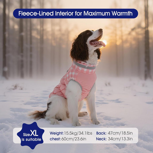 FUAMEY Dog Coat for Large Dogs,Waterproof Dog Winter Jacket with Harness Built in Puppy Cold Weather Coats Reflective Pet Vest with Zipper Warm Fleece Dogs Snowsuit Windproof Pink Plaid 2XL