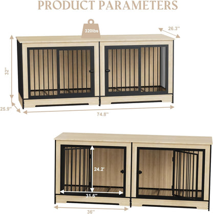 Furniture Dog Crate for Large Dogs, 75" Double Door Heavy Duty Dog Kennel with Removable Divider, XXL Wooden Dog Crate TV Stand, End Table, Pet Crate Cabinet for Home Decor