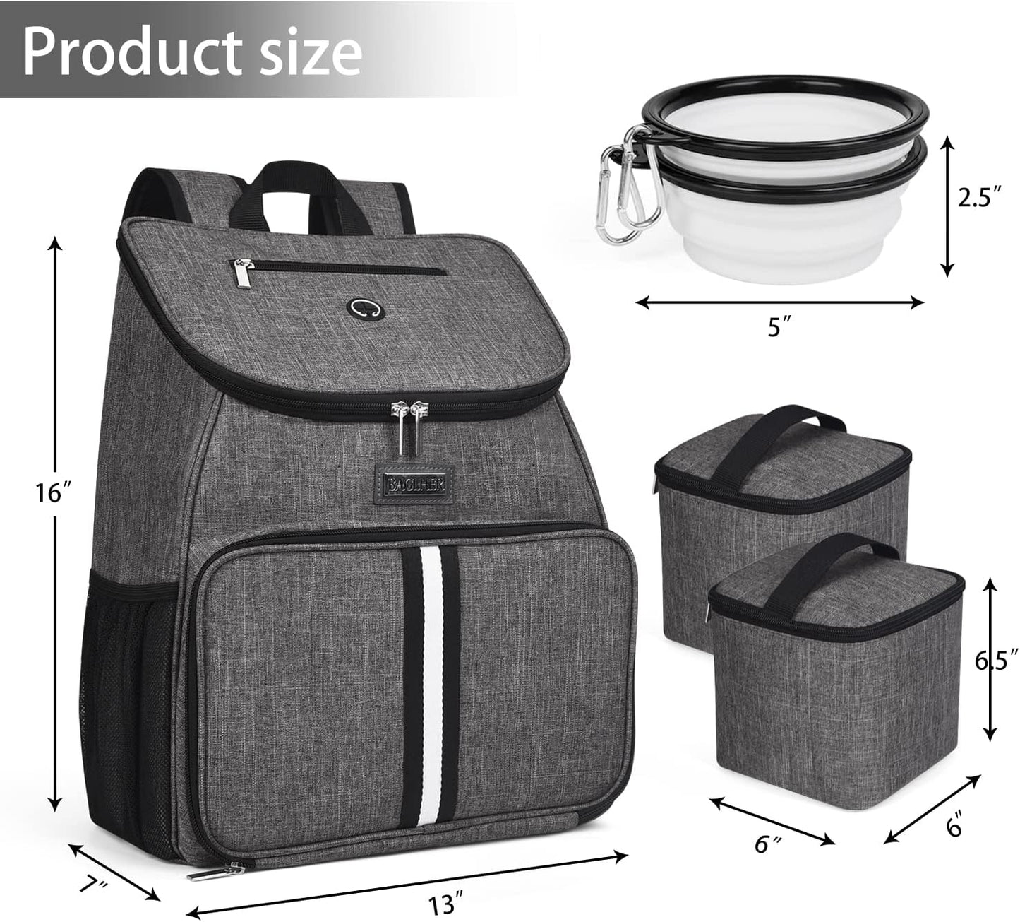 BAGLHER丨Dog Travel Bag, Airline Approved Pet Supplies Backpack, Dog Travel Backpack Accessories Set with 2 Silicone Collapsible Bowls and 2 Food Baskets, Gray - Pawvie