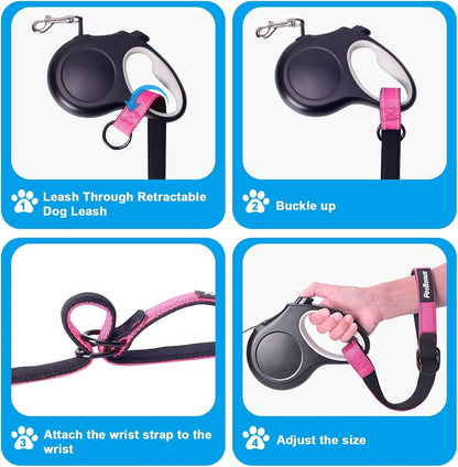 PetBonus 2 Packs Short Dog Leash, Safety Wrist Strap for Retractable Dog Leash, Reflective Design and Adjustable Soft Padded Handle, Extra Layer Security for Pet Stroller (Pink, Pink)