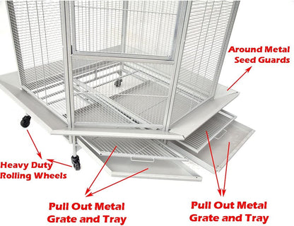 64" Extra Large Corner Bird Flight Breeding Wrought Iron Rolling Parrot Cage Side Solid Metal Plate Feed Doors Pull Out Removable Grate and Tray with Around Metal Seed Guard