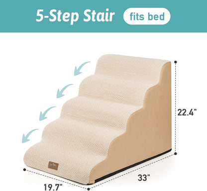 Extra Wide Dog Stairs 19.7" Width, Pet Step for Small Medium/Large Dog, Puppy or Cat, Pet Ramp for High Bed or Car, High Density Foam Ladder, Stable, 5 Step, 19.7x33x22.4 in, Beige
