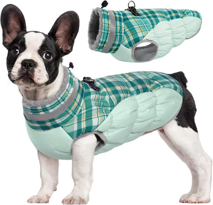 FUAMEY Dog Coat for Small Dogs,Waterproof Dog Winter Jacket with Harness Built in Puppy Cold Weather Coats Reflective Pet Vest with Zipper Warm Fleece Dogs Snowsuit Windproof Green Plaid XS