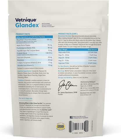 Vetnique Glandex Anal Gland Health Soft Chew Treats with Pumpkin for Dogs Digestive Enzymes, Probiotics Fiber Supplement for Dogs Boot The Scoot (Advanced Strength Duck/Bacon Chews (Veg), 30 Count)