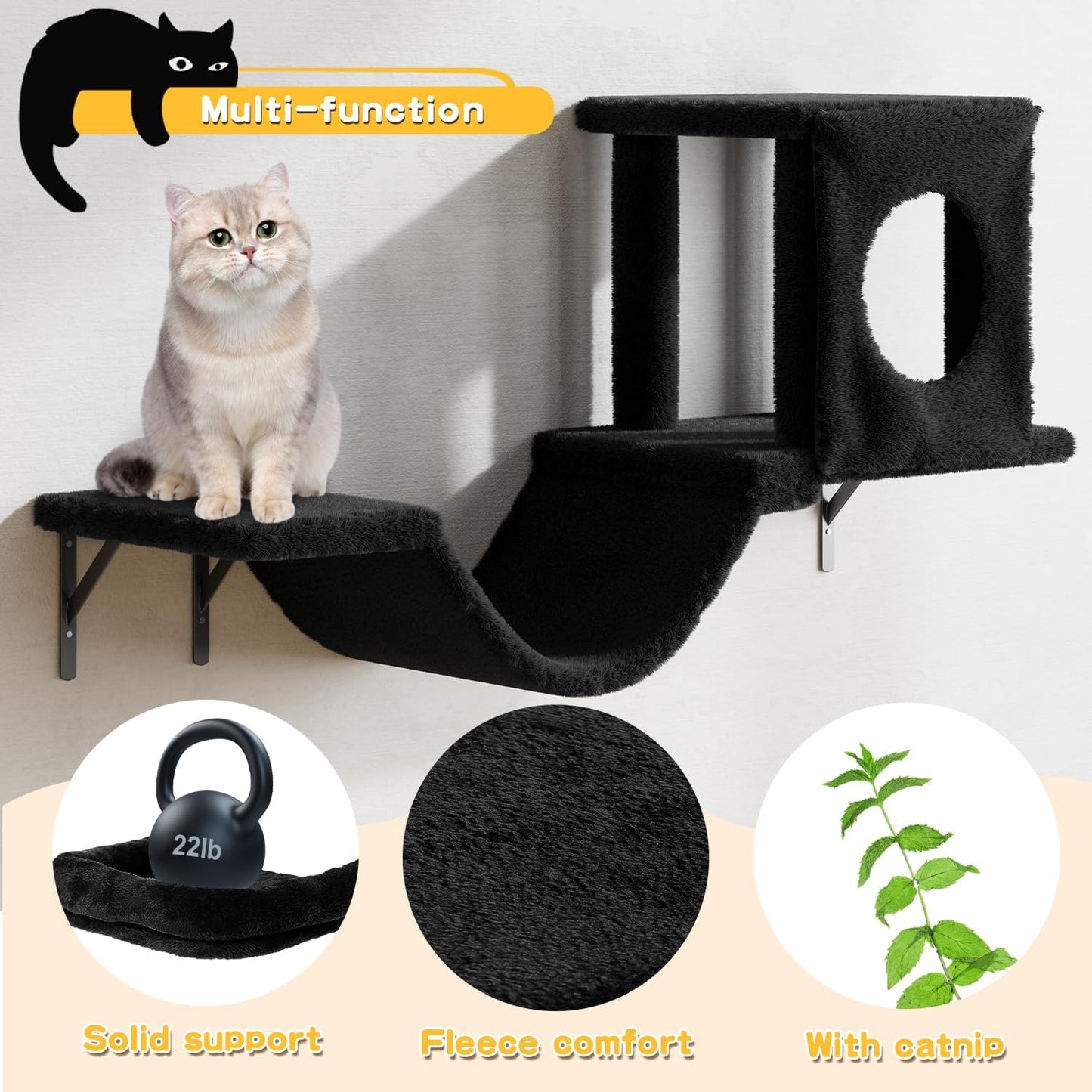 NUNU LAB Wall Mounted Cat Climber Set, 6 Pcs Cat Furniture Set with House, Bridge, Steps, Scratcher Board and Hammock, Shelves for Indoor, Luxury Walls Furniture(Black)