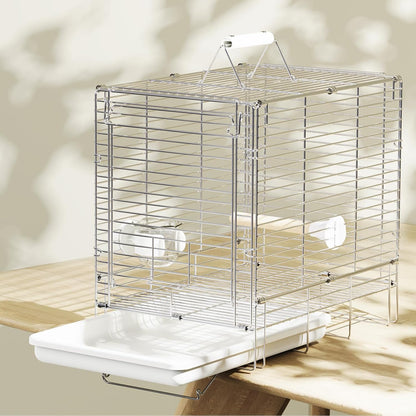 Bird Carrier Travel Cage - 304 Stainless Steel Portable Folding Bird Travel Cage with Parrot Feeder Cups & Standing Perch for Smaller Birds Conures Lovebird Cockatiel Parakeets (White)